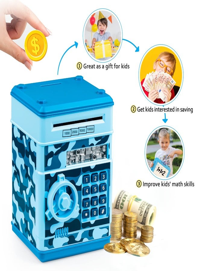 Vcertcpl ATM Piggy Bank for Boys Girls, Vcertcpl Mini ATM Coin Bank Money Saving Box with Password, Kids Safe Money Jar for Adults with Auto Grab Bill Slot, Great Gift Toy Bank for Kids (Camouflage Light Blue) - Image 5